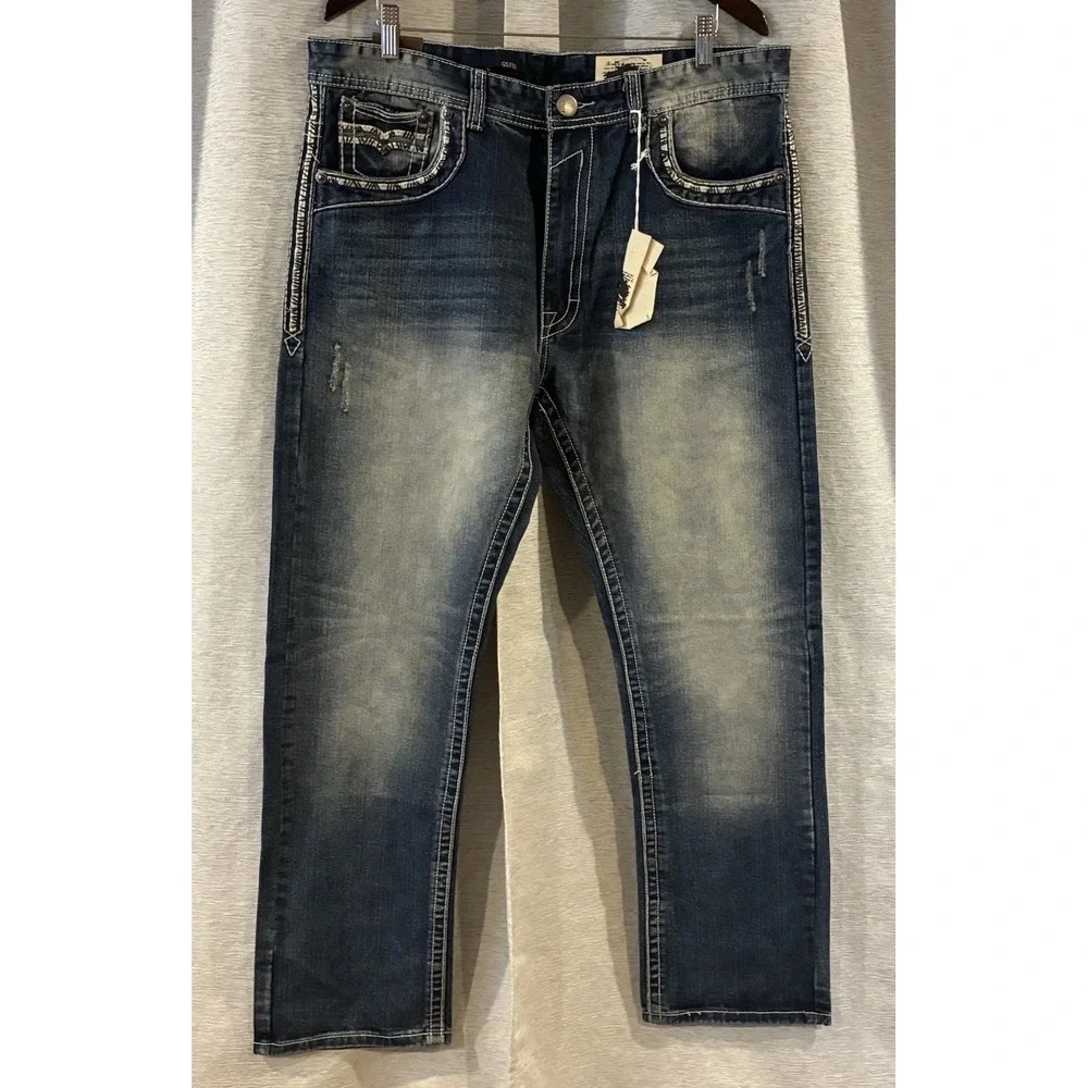 GS-115 Jeans Mens 36 Blue Premium Straight Leg Contrast Stitch Streetwear Denim